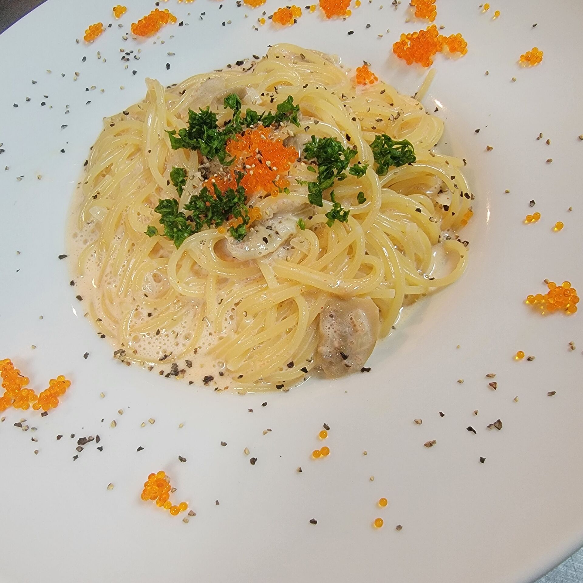 皆さん大好きの明太子クリームパスタです。
